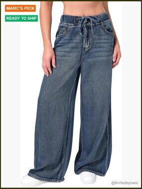 Wide Leg Elastic Waist Denim Pants Non-Stretch Lounge Jeans